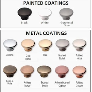 Puede incluir: Una colecci&oacute;n de pomos redondos para armarios en dos categor&iacute;as: Revestimientos pintados que incluyen negro, blanco y gris plomo, y Revestimientos met&aacute;licos con cromo, chapado en oro, lat&oacute;n, n&iacute;quel cepillado, n&iacute;quel pulido, lat&oacute;n antiguo, bronce antiguo, bronce cepillado, cobre cepillado antiguo y cobre pulido.