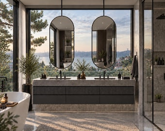 304 Stainless Steel Hanging Capsule Mirror, Rustproof Bathroom Vanity Mirror, PVD Titanium Coated Suspended Sink Mirror
