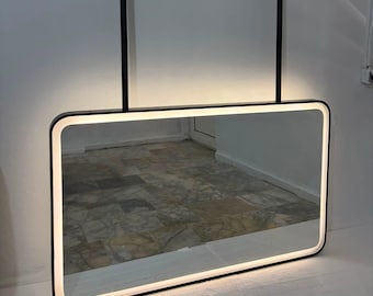 Ceiling Mounted LED Vanity Mirror, Contemporary Metal Frame Bathroom Mirror, Hanging Illuminated Sink Mirror, Suspended Rectangular Mirror