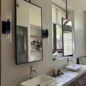 Handmade Ceiling Mounted Rectangular Bathroom Mirror: Black Metal Frame, Ceiling Hanging Contemporary Makeup Mirror, suspended sink mirror image 3