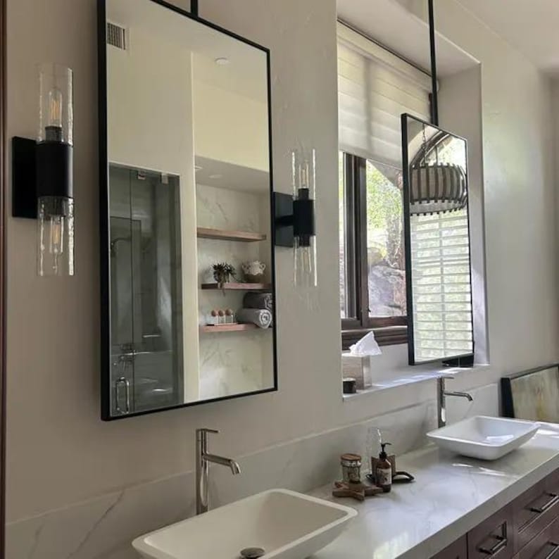 Handmade Ceiling Mounted Rectangular Bathroom Mirror: Black Metal Frame, Ceiling Hanging Contemporary Makeup Mirror, suspended sink mirror image 3