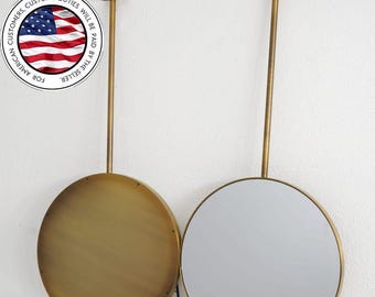 Handmade Antique Brass Ceiling Mount Bathroom Mirror, Suspended Round Vanity Mirror, Modern Hanging Sink Mirror, Metal Framed Hung Mirror