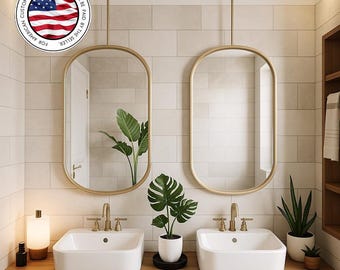 Handgefertigter Metallrahmen-Hängespiegel: Abgehängter Kosmetikspiegel, Badezimmerspiegel für die Deckenmontage, gebogener rechteckiger Metallrahmen