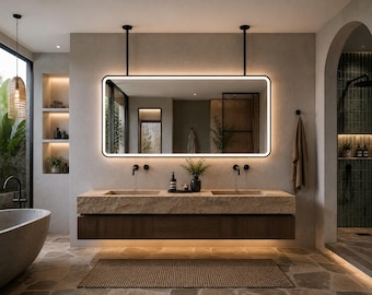 Suspended Illuminated Bathroom Mirror, Ceiling Mounted Horizontal Rectangular LED Vanity Mirror, Metal Frame, Modern Sink Mirror, Double Bar
