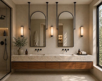 Ceiling Mounted Arched Bathroom Mirror, Double Rod, Suspended Vanity Mirror, Metal Frame, Modern Design