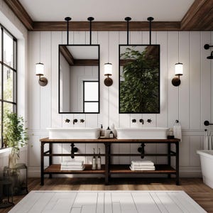 Ceiling Mounted Double Bar Rectangular Bathroom Mirror,Desing Mirror, Metal Framed Sink Mirror, Ceiling Hanging Barber Mirror, Modern Mirror