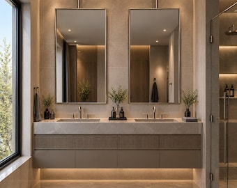 Ceiling Hung Rectangular Mirror, 304 Stainless Steel Hanging Vanity Mirror, PVD Titanium Coated Suspended Bathroom Mirror, Rustproof Mirror