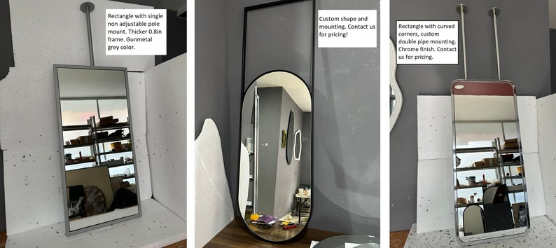 K&ouml;nnte beinhalten: Drei verschiedene Arten von Wandspiegeln. Der erste ist ein rechteckiger Spiegel mit einem anthrazitfarbenen Rahmen und einer Einzelstangenmontage. Der zweite ist ein ovaler Spiegel mit einem schwarzen Rahmen. Der dritte ist ein rechteckiger Spiegel mit abgerundeten Ecken und einer Chromoberfl&auml;che.