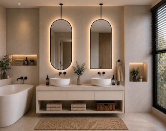2 Sets Of Ceiling-Mounted Oval LED Vanity Mirrors, Backlit Bathroom Mirrors, Metal Frames, Illuminated Hanging Mirror, customizable