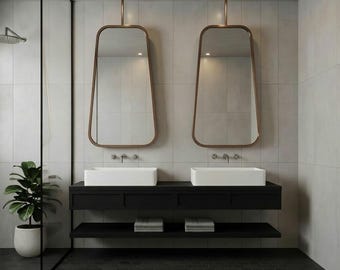 Modern ceiling-mounted bathroom mirror, suspended metal-framed Vanity mirror, handmade hung sink mirror, Hairdresser salon mirror