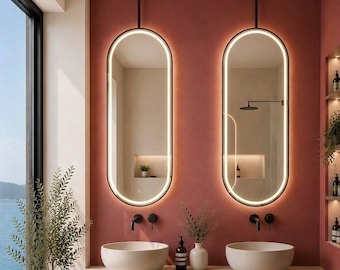 Ceiling Mounted LED Capsule Makeup Mirror, Suspended Unique Illuminated Bathroom Mirror, Hanging Oval Illuminated Mirror, Customizable
