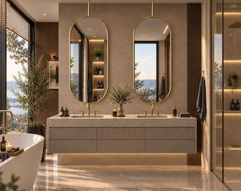 Ceiling Mounted Oval Mirror, 304 Stainless Steel, PVD Titanium Coated Hanging Capsule Vanity Mirror, Rustproof Pill Shaped Bathroom Mirror