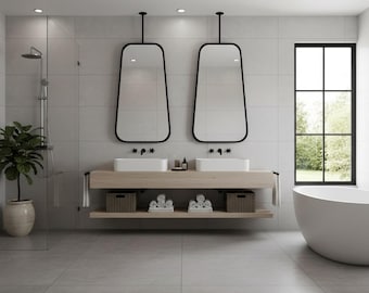 Modern Ceiling Mount Vanity Mirror, Handmade Black Metal Frame, Contemporary Hung Sink Mirror, Suspended Desing Mirror