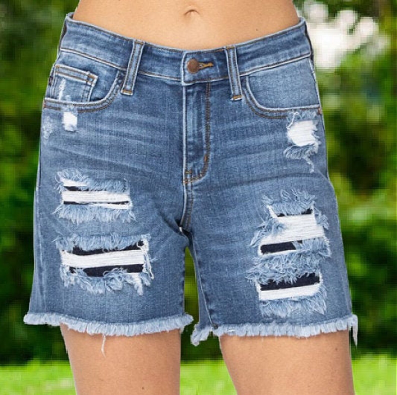 Judy Blue Mid Rise Patch Cut Off Denim Shorts Etsy