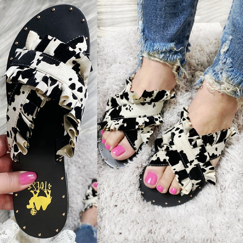 Black & White Cow Print Slip On Sandals - Lola Moo 