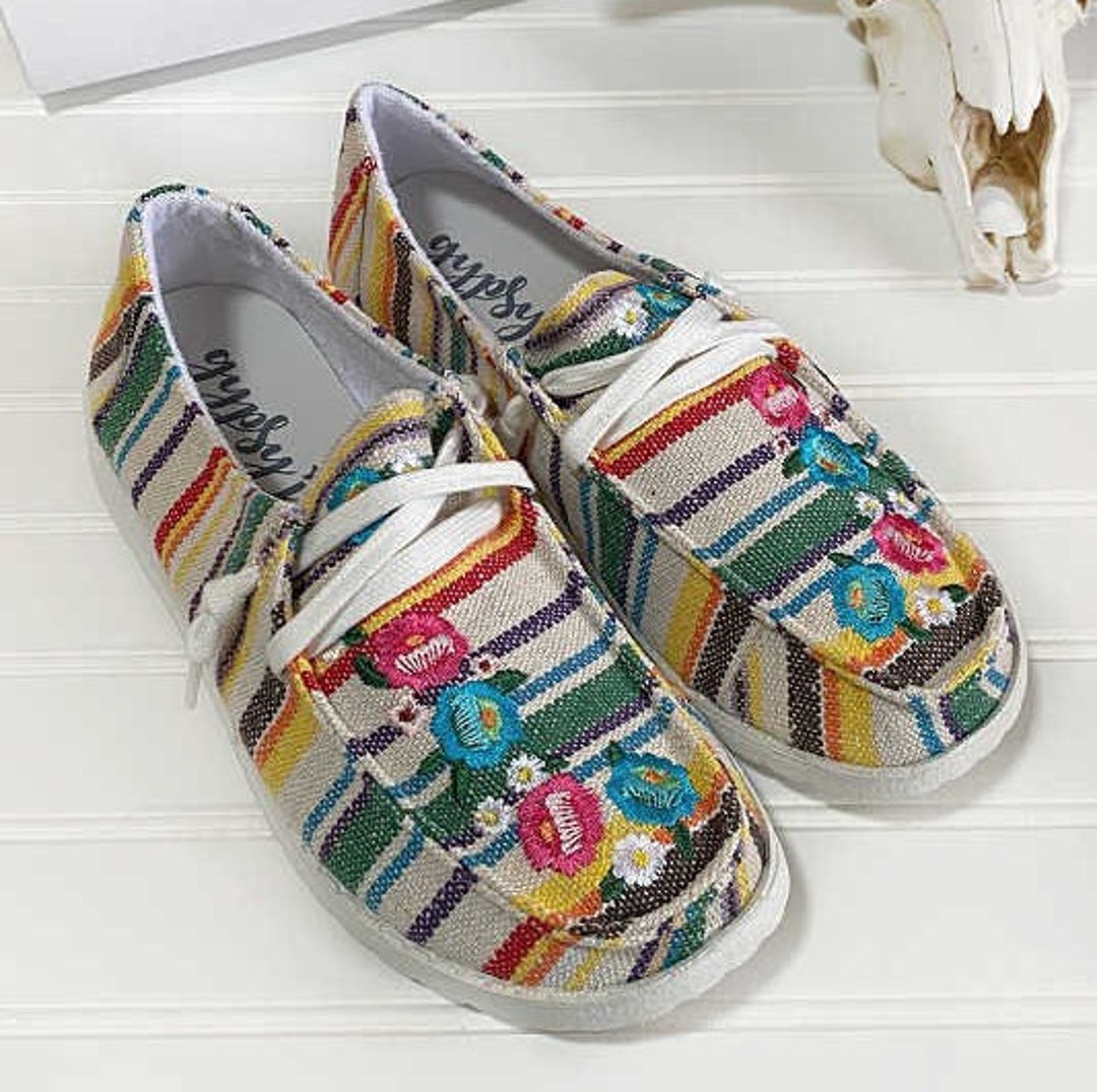 Gypsy Jazz Flo Multi Stripe With Floral Embroidery Canvas Slip on