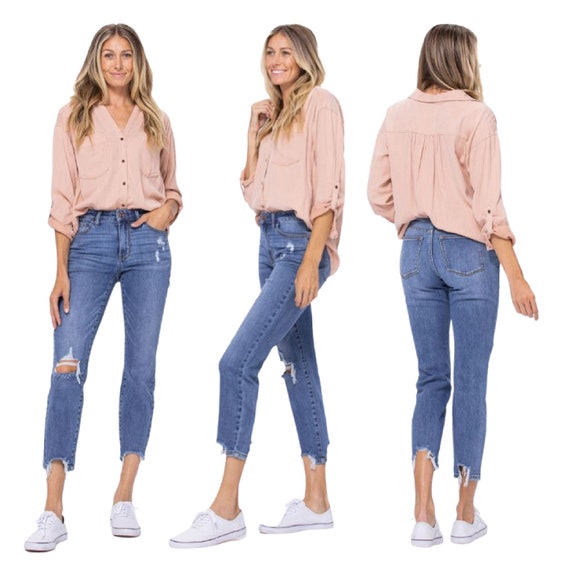 Destructed hem on sale jeans