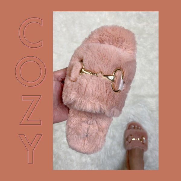 Rose Pink Faux Fur Rubber Sole Slippers With Gold Horse Bit Hardware