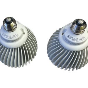 Könnte beinhalten: Zwei energieeffiziente LED-Glühbirnen mit weißem Sockel und silbernen Kühlrippen. Die Glühbirnen haben einen E26-Sockel und sind für die allgemeine Beleuchtung konzipiert. Der Text auf dem Sockel lautet "INTECOR CO LTD".