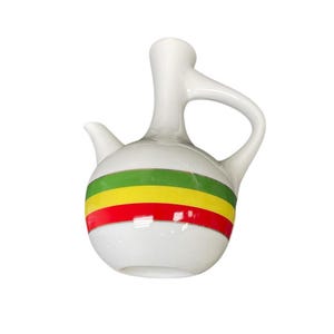 May include: White ceramic coffee pot with a handle and spout. The pot is decorated with horizontal stripes of green, yellow, and red. The design is a vibrant and eye-catching addition to any kitchen or coffee setup.