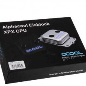 May include: A black box with the text "Alphacool Eisblock XPX CPU" and the OCOOL logo. Inside the box is a silver and gray CPU water block. The website address www.alphacool.com is printed on the box.