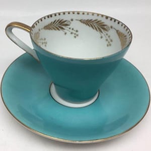 Vintage turquesa y oro taza de té y platillo