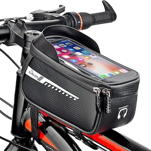 May include: Black bicycle phone bag with a clear top, mounted on the handlebars. The bag has a zipper closure and a white and black logo. A smartphone is visible inside the bag.