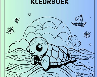 May include: A black and white coloring page featuring a cartoon turtle swimming in the ocean. The page includes the text "DIEREN KLEURBOEK" which translates to "Animal Coloring Book" in English.