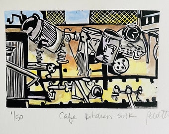 Cafe Kitchen Sink - original linocut