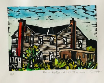 Point  Hudson, Port Townsend.  Original woodblock print.