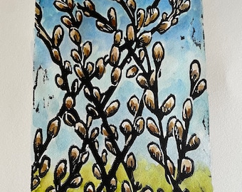 Pussywillows -original linocut