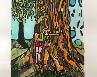 Wishing Tree Hug - original woodblock print