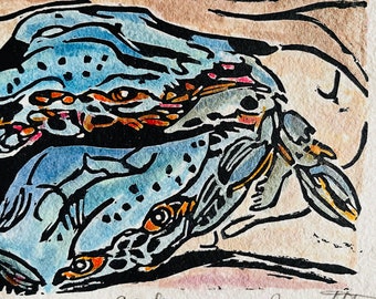 The Blue Crabs- original linocut