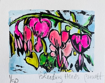 Bleeding Hearts - woodblock print