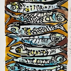 Sardines on a Friday original linocut print image 2