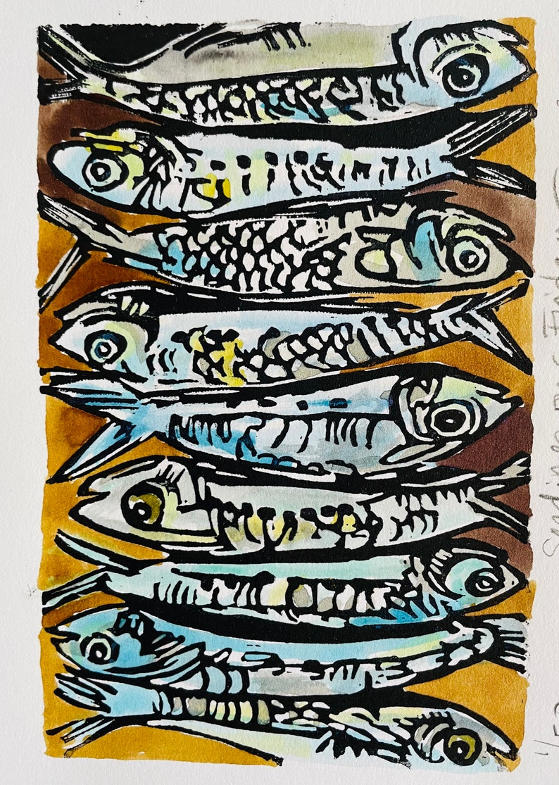 Sardines on a Friday original linocut print image 2