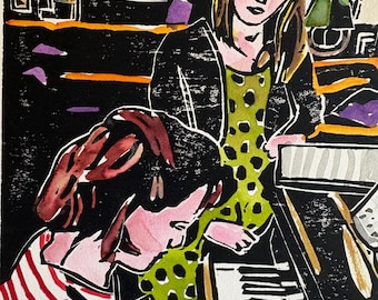 Practicing Chopin - Painted Woodblock Print