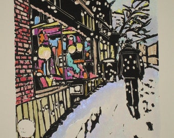 Village Snow - Original Woodblock Print