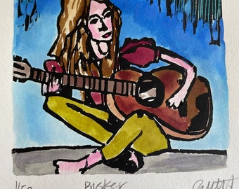 Busker - woodblock print