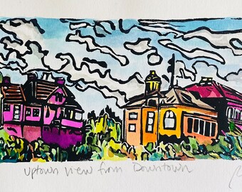 Uptown View from Downtown - original linocut