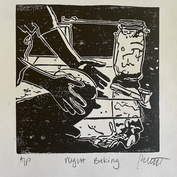 Night Baking - original linoleum print