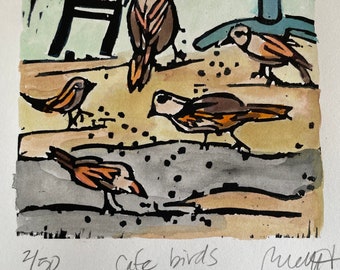 Cafe Birds - original woodblock print