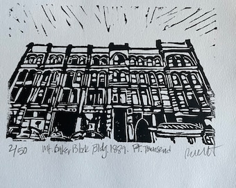 Mt. Baker Block Building. 1889. Port Townsend.  - original linocut