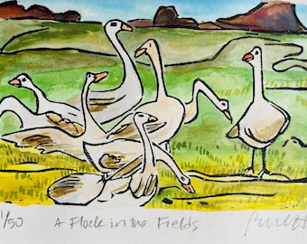 A Flock in the Fields - original linocut