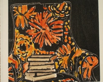 Bookish Chair- Original woodblock print