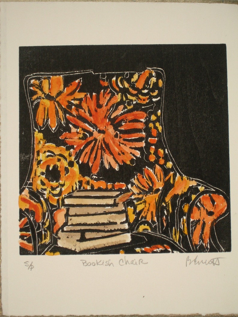 Bookish Chair Original woodblock print image 1