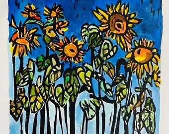 Sunflowers no. 1 - original woodblock print