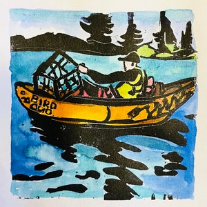 May include: A black and yellow canoe with a person rowing on a blue and white watercolor background. The canoe has the words "Bird Rock" written on the side.