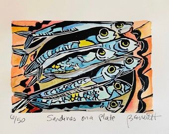 Sardines on a Plate - original linocut
