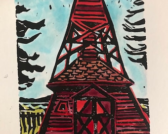 Old Water Tower - Port Townsend.  Original linoleum print